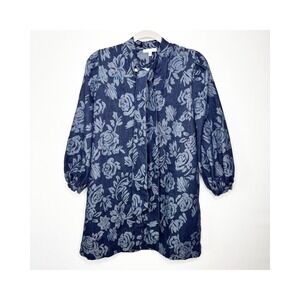 Flying Tomato Denim Mini Dress Size M Floral Print Balloon Sleeve Tie‎ Neck